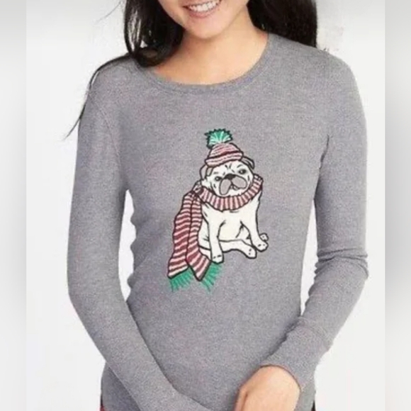 Old Navy Tops - Old Navy Women's Waffle Knit Gray Long Sleeve Pug Dog Top ~ Size M